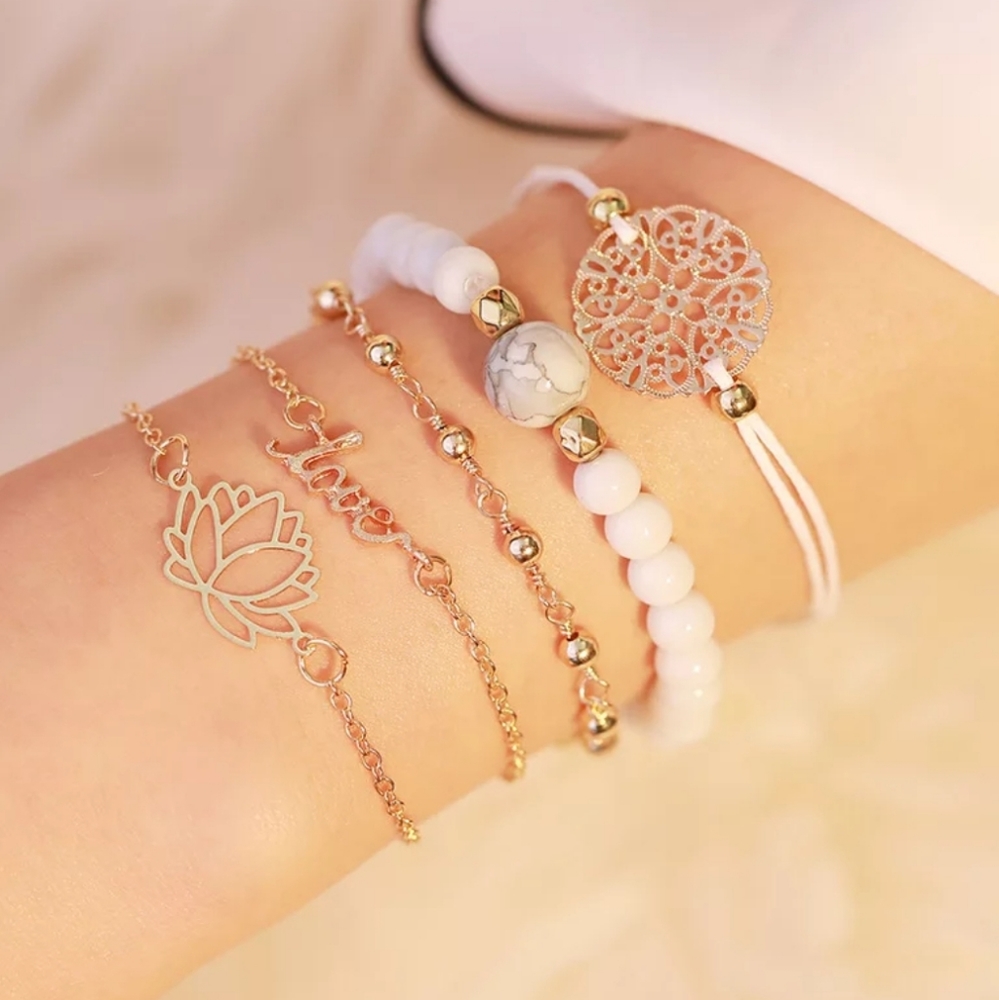 5 Piece Bracelet Anklet Set Lotus Flower Boho Gyps